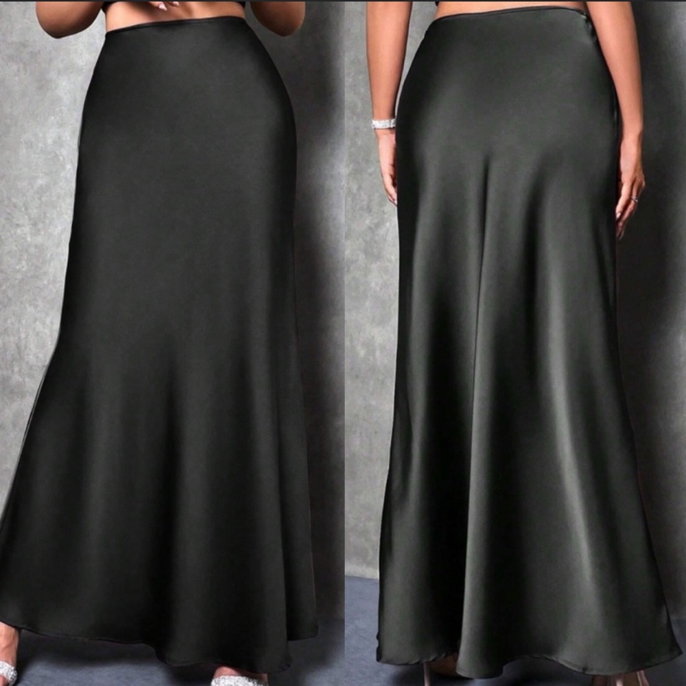 Luxe black zipper back minimalist satin maxi skirt